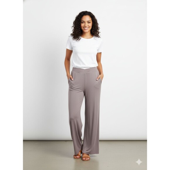 ALK Women's L Gottex Studio Wide Leg Stretch Waist Soft Jersey Knit Pants Taupe - Picture 1 of 6
